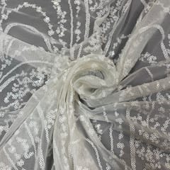 White Color Net Embroidered Fabric