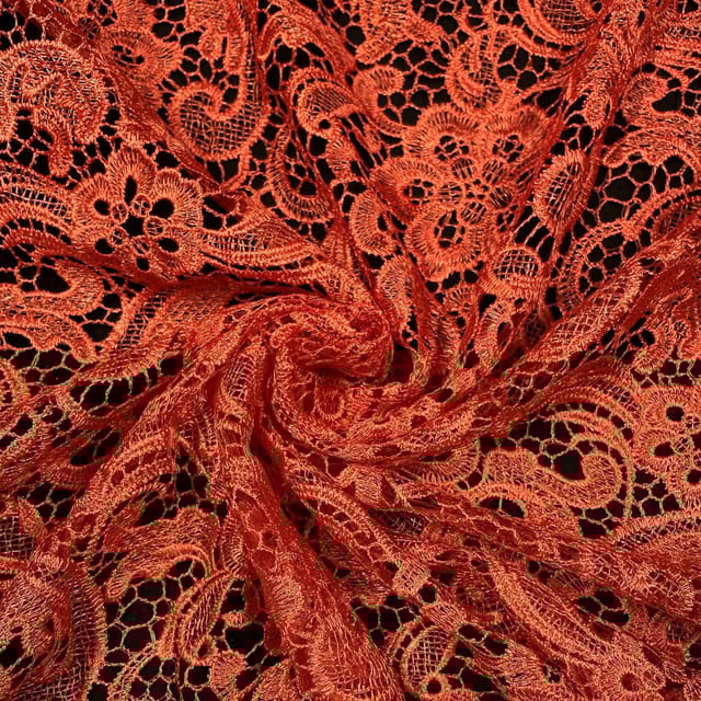 Orange Color Prada Net Cutwork Embroidered Fabric