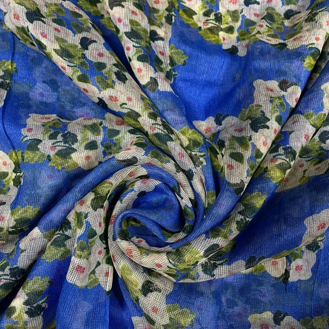 Blue Colour Pure Super Net Printed Fabric
