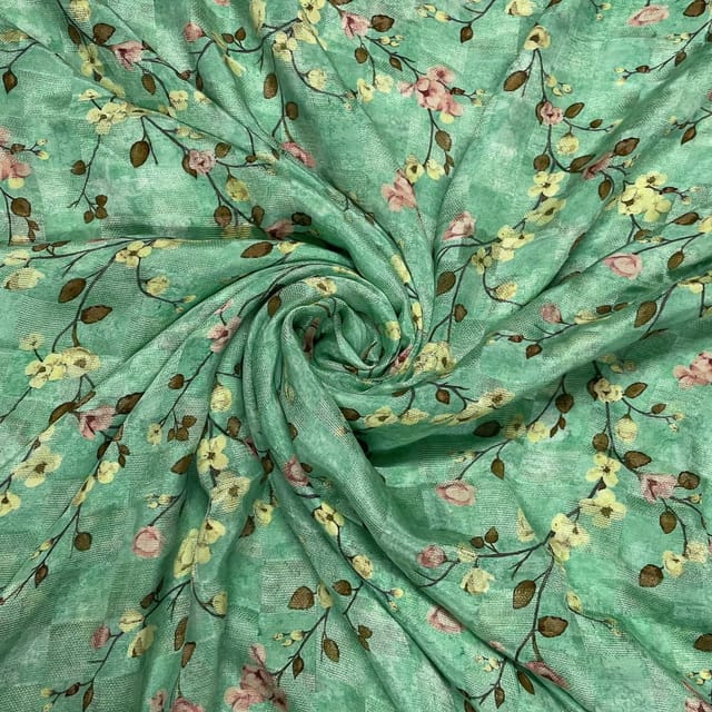 Pista Green Color Pure Silk Checknet Printed Fabric