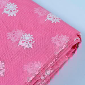 Pink Colour Pure Kota Thread Embroidered Fabric (75cm Piece)