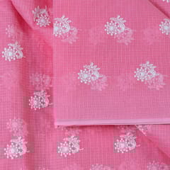 Pink Colour Pure Kota Thread Embroidered Fabric (75cm Piece)