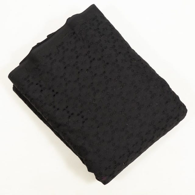 Black Colour Cotton Chikan Embroidered Fabric