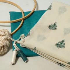 Cream Colour Cotton Embroidered Fabric with Lace and Green Colour Cotton Jacquard Fabric DIY Set