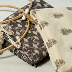 Cream Colour Cotton Embroidered Fabric with Lace and Brown Colour Cotton Printed Fabric DIY Set