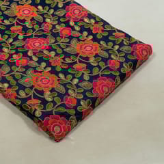 Navy Blue Colour Poly Dupion Embroidered Fabric (1 Meter Piece)