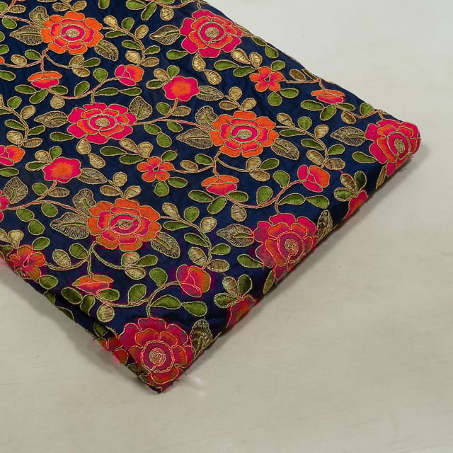 Navy Blue Colour Poly Dupion Embroidered Fabric (1 Meter Piece)