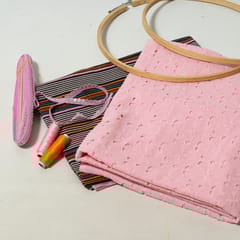 Pink Colour Cotton Chikan Fabric with Lace and Multi Colour Cotton Printed Fabric DIY Set