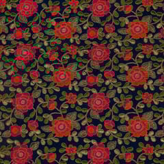 Navy Blue Colour Poly Dupion Embroidered Fabric (1 Meter Piece)