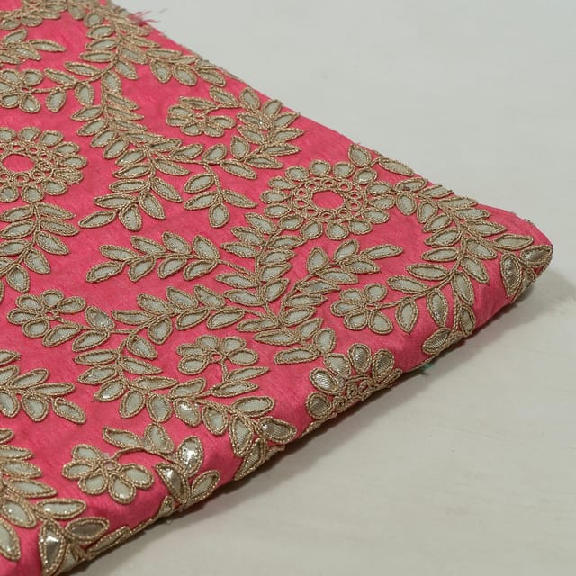 Pink Colour Poly Dupion Embroidered Fabric (1.30 Meter Piece)