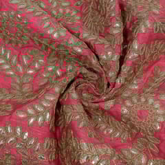 Pink Colour Poly Dupion Embroidered Fabric (1.30 Meter Piece)