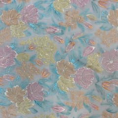 White Multicolor Floral Georgette Embroidered Fabric