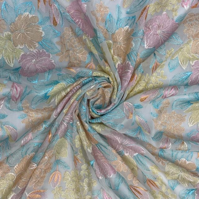 White Multicolor Floral Georgette Embroidered Fabric