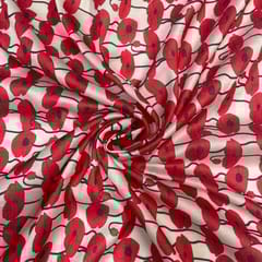 White Red Abstract Pure Chanderi Printed Fabric