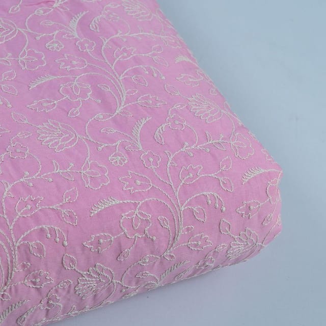 Pink Colour Cotton Thread Lakhnavi Embroidered Fabric (1.20Meter Piece)