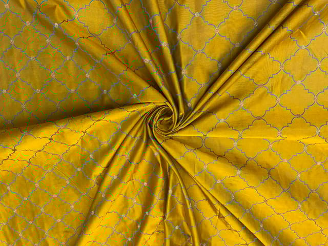 Dark Mustard Colour Geometric Tanschui Silk Fabric Fabric