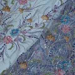 Sky Blue Colour Imported Net Embroidered Fabric