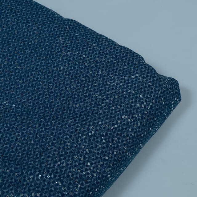 Blue Colour Denim Embroidered Fabric