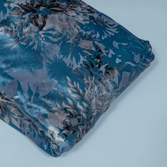 Blue Colour Lycra Brasso Velvet Printed Fabric