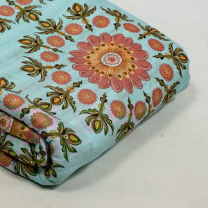 Sky Blue Color Cotton Leeno Floral Digital Printed Fabric