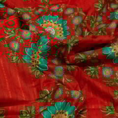 Red Colour Cotton Leno Floral Digital Printed Fabric