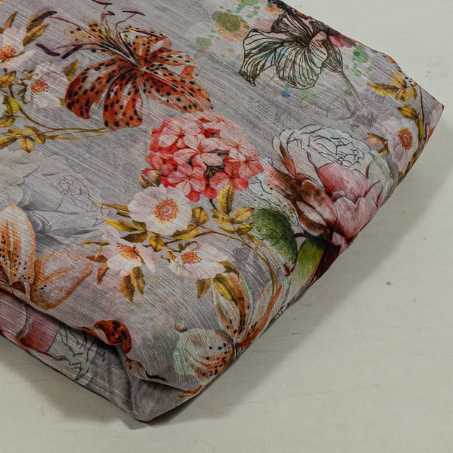 Grey Color Chanderi Printed Fabric
