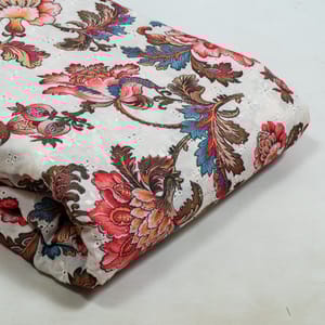 White Color Cotton Chikan Floral Printed Fabric