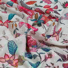White Colour Cotton Chikan Floral Printed Fabric