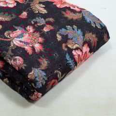 Black Colour Cotton Chikan Floral Printed Fabric