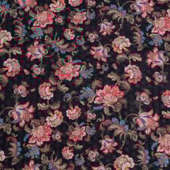 Black Colour Cotton Chikan Floral Printed Fabric