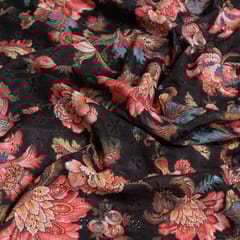 Black Colour Cotton Chikan Floral Printed Fabric
