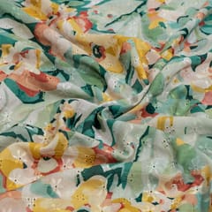 Green Colour Cotton Chikan Floral Printed Fabric