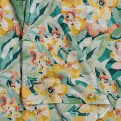 Green Colour Cotton Chikan Floral Printed Fabric