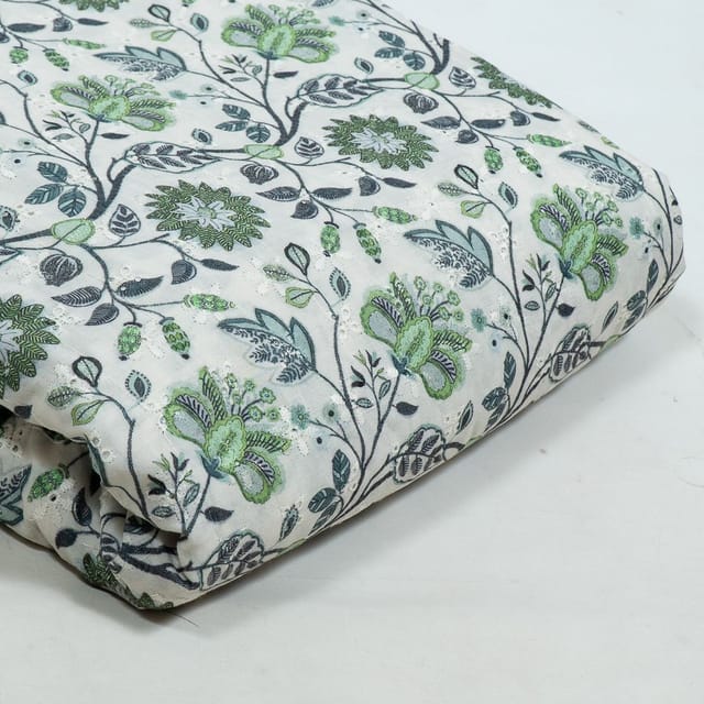 White Colour Cotton Chikan Floral Printed Fabric
