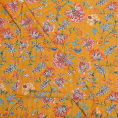 Mustard Colour Cotton Chikan Floral Printed Fabric