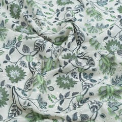White Colour Cotton Chikan Floral Printed Fabric