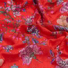 Red Colour Cotton Chikan Floral Printed Fabric
