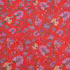 Red Colour Cotton Chikan Floral Printed Fabric