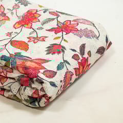 White Colour Cotton Chikan Floral Printed Fabric
