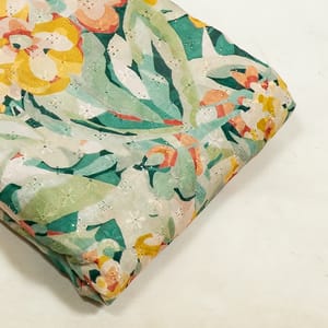 Green Color Cotton Chikan Floral Printed Fabric