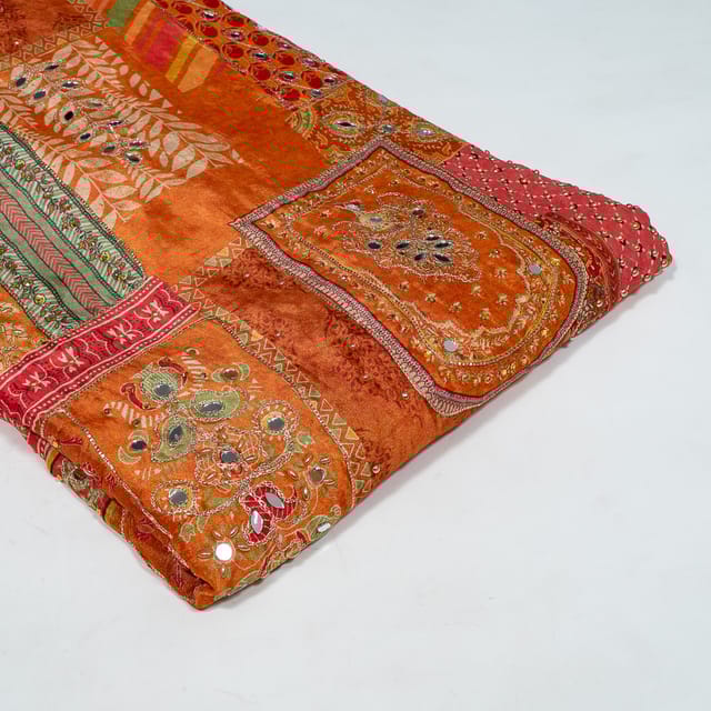 Rust Colour Chinon Chiffon Print with Embroidery Fabric