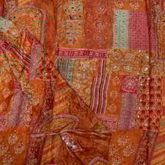 Rust Colour Chinon Chiffon Print with Embroidery Fabric