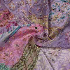 Lavender Colour Chinon Chiffon Print with Embroidery Fabric