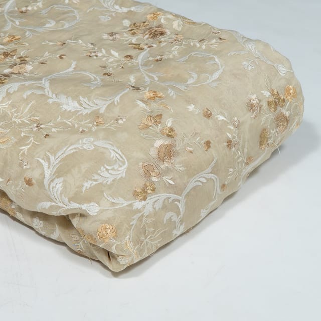 Fawn Colour Mal Chanderi Embroidered Fabric