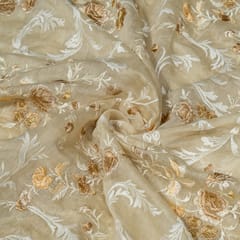 Fawn Colour Mal Chanderi Embroidered Fabric