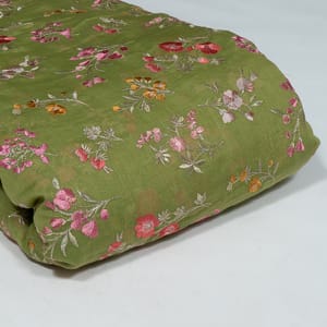 Green Color Mal Chanderi Embroidered Fabric