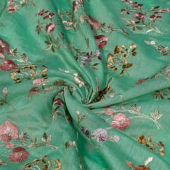 Sea Green Colour Mal Chanderi Embroidered Fabric
