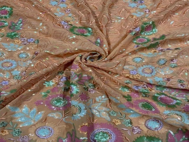 Embroidered Georgette Peach MultiColour Floral