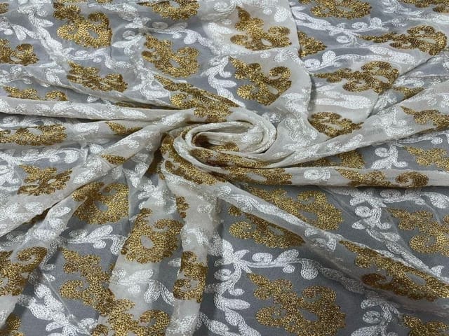 Dyeable Embroidered Georgette White Golden Floral Motifs 2