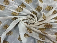 Dyeable Embroidered Georgette White Dark Golden Floral Motifs
